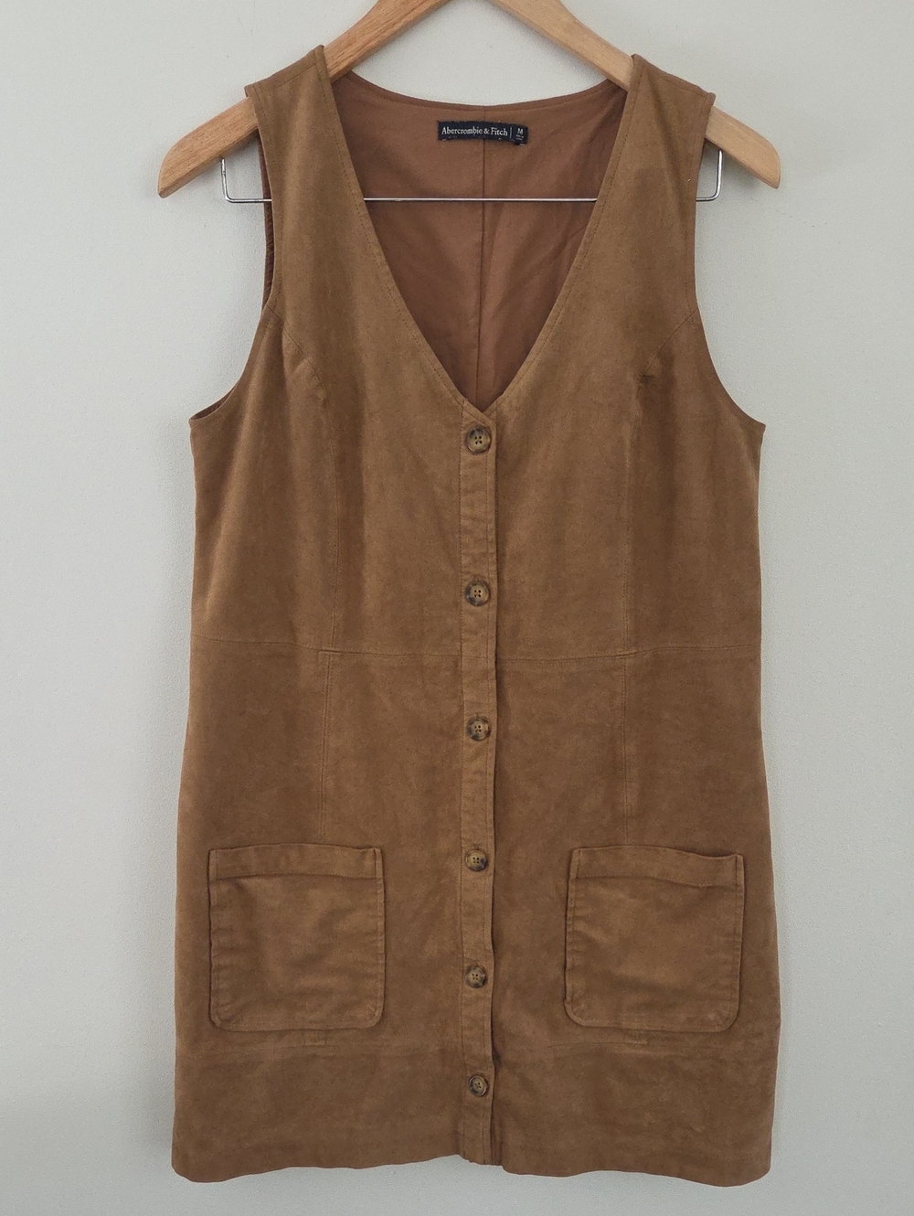 Abercrombie & Fitch Camel Vegan Suede Button Front V-Neck Sleeveless Dress